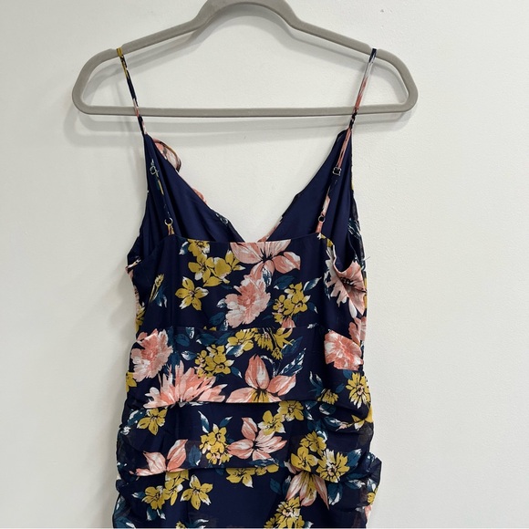 Lulus Stunning Soiree Navy Blue Floral Print Ruched Midi Dress Ruffles Medium - Picture 11 of 16